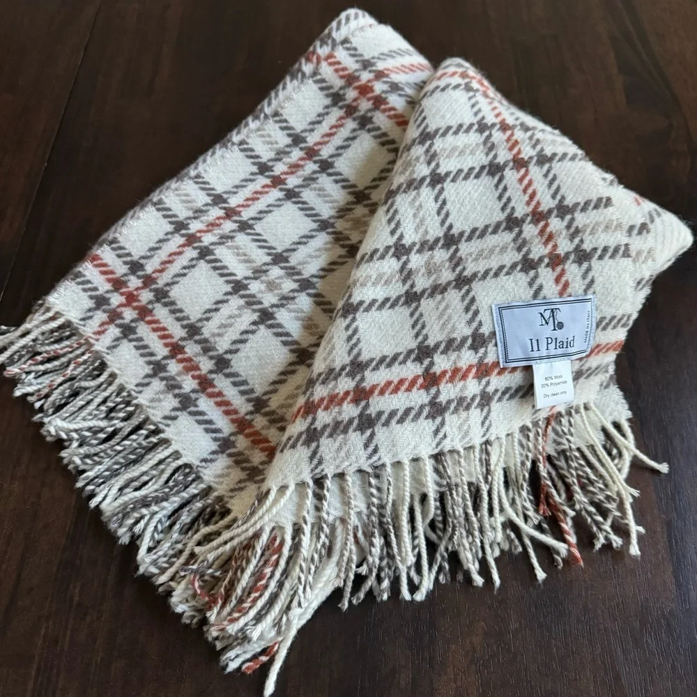 I1 PLAID | Wool Blend Throw Blanket | Made in Italy | Cream Brown Rust Plaid